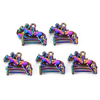 Alloy Pendants, Cadmium Free & Nickel Free & Lead Free, Horse with Rider, Rainbow Color, 17.5x21x4mm, Hole: 1.6mm