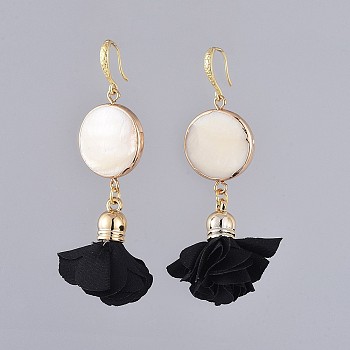 Dangle Earrings, with Brass Earring Hooks, Electroplate Freshwater Shell Links, Cloth Pendants, with Acrylic Findings and Cardboard Packing Box, Flat Round and Flower, Black, 70mm, Pin: 0.8mm