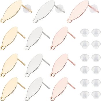 Unicraftale 30Pcs 3 Colors 304 Stainless Steel Stud Earring Findings, with Loop and Flat Plate, Oval, with 50Pcs Plastic Ear Nuts, Mixed Color, 15x7x0.8mm, Hole: 1mm, Pin:0.8mm, 10pcs/color