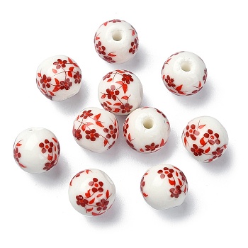 Handmade Printed Porcelain Round Beads, with Flower Pattern, Indian Red, 10mm, Hole: 2mm