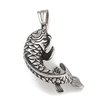 304 Stainless Steel Pendants, Carp Charm, Antique Silver, 45x33x20mm, Hole: 9x5mm