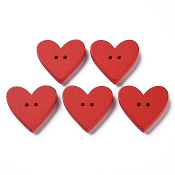 2-Hole Spray Painted Wood Buttons, Heart, Red, 22.5x23.5x3.5mm, Hole: 1.6mm