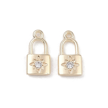 Brass Micro Pave Clear Cubic Zirconia Pendants, Lock Charms, Real 18K Gold Plated, 10x5x1.5mm, Hole: 0.8mm