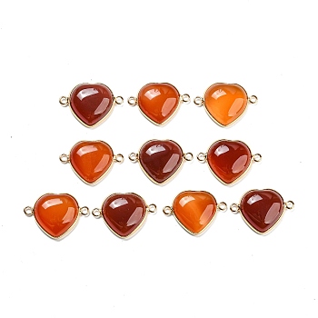 Natural Carnelian Connector Charms, Golden Tone Brass Edge, Heart, 21.5x30x7.5mm, Hole: 2.3mm
