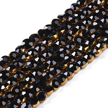 Electroplate Glass Beads Strands, Faceted, Flat Round, Black, 4x4.5x3.5mm, Hole: 0.8mm, about 74pcs/strand, 11.73''(29.8cm)