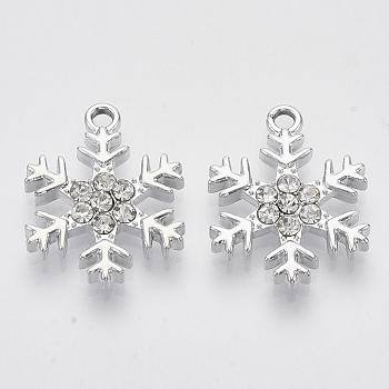 Alloy Pendants, with Crystal Rhinestones, Snowflake, Platinum, 22x17x3mm, Hole: 2mm