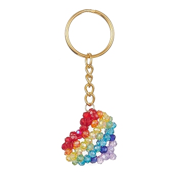 Glass Beaded Pendant Keychain, Iron Split Key Rings, Heart, Colorful, 8cm