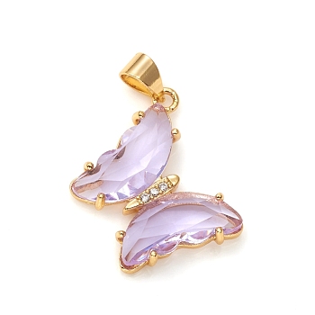 Glass Pendants, with Brass Clear Micro Pave Cubic Zirconia, Butterfly, Golden, Lilac, 24x21x4mm, Hole: 5.5x3.5mm