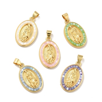 Brass Charms, with Shell, Cadmium Free & Lead Free, Long-Lasting Plated, Oval with Saint, Real 18K Gold Plated, Mixed Color, 22.5x14x3.5mm, Hole: 3.5x3mm