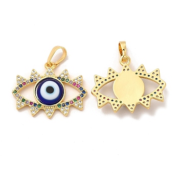 Rack Plating Brass Micro Pave Colorful Cubic Zirconia Pendants, with Handmade Evil Eye Lampwork, Cadmium Free & Lead Free, Long-Lasting Real 18K Gold Plated, Eye Charm, Blue, 19x22.5x4mm, Hole: 6x3mm