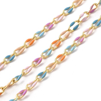 Brass Enamel Curb Chains, Soldered, with Spools, Real 18K Gold Plated, Mixed Color, 7x3x1.7mm