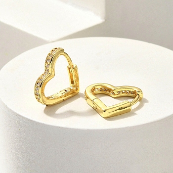 Brass Clear Cubic Zirconia Hoop Earrings, Heart, Real 18K Gold Plated, 13x2.5mm