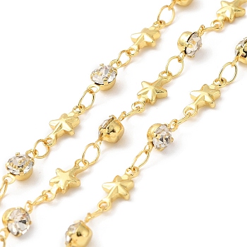 Handmade Glass Rhinestone Beaded Chains, Real 18K Gold Plated Brass Star Link Chains, Soldered, with Spool, Cadmium Free & Lead Free, Clear, Rhinestone: 8x4x3mm, Star: 10x4x2mm