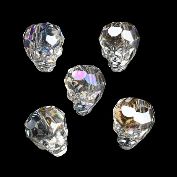 Electroplate Transparent Handmade Lampwork Beads, Faceted Skull, Clear, 15~15.5x13~13.5x14~14.5mm, Hole: 1.6mm, 5pcs/bag