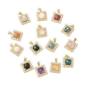 Natural Mixed Gemstone Pendant, with Real 14K Gold Plated Brass Finding and Plastic Pearl Beaded, Square Charms, 20x17x6mm, Hole: 4x3mm