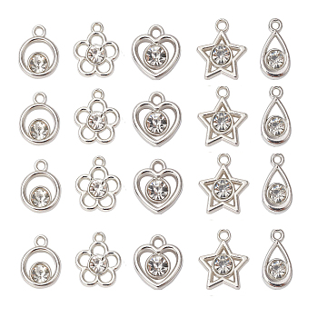 50Pcs 5 Styles Plastic with Resin Rhinestone Pendants, Heart & Ring & Star & Teardrop & Flower Charms, Silver, 14~17.5x9.5~15x4.5~5mm, Hole: 1.8~2mm, 10Pcs/style