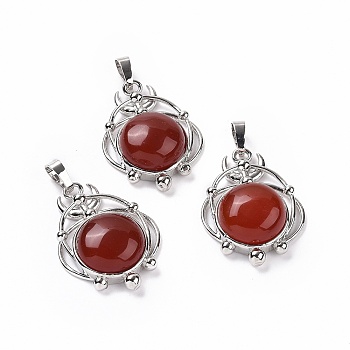 Natural Red Agate Pendants, Half Round Charms, with Rack Plating Platinum Tone Brass Planet, 34x25x8mm, Hole: 8x5mm