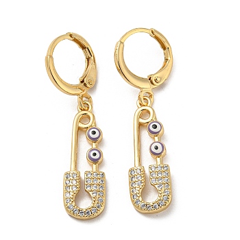 Real 18K Gold Plated Brass Dangle Leverback Earrings, with Enamel and Cubic Zirconia, Safety Pin with Evil Eye, Lilac, 36.5x8mm