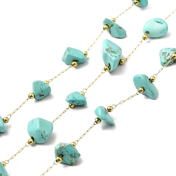 Ion Plating(IP) 316 Surgical Stainless Steel Paperclip Chains, with Natural Turquoise Nuggets Beads, Soldered, Real 18K Gold Plated, with Spool, 2.5x1x0.5mm