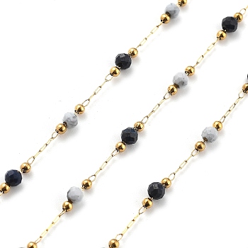 Sodalite & Howlite & 304 Stainless Steel Beads Link Chains, with 316 Stainless Steel Chains, Ion Plating(IP), Real 18K Gold Plated, Soldered, Round, with Spool, 3~3.5mm