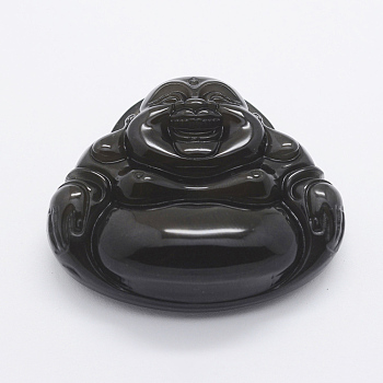 Carved Natural Obsidian Big Pendants, Laughing Buddha, 43x50x16mm, Hole: 1.5mm