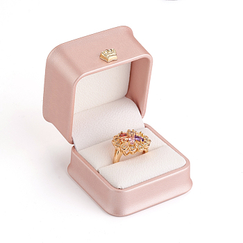 PU Leather Ring Gift Boxes, with Golden Plated Iron Crown and Velvet Inside, for Wedding, Jewelry Storage Case, Pink, 5.85x5.8x4.9cm