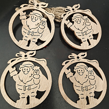 Unfinished Wood Pendant Decorations, Kids Painting Supplies,, Wall Decorations, Christmas Themed, with Jute Rope, Gift Bag with Santa Claus, BurlyWood, 75x65mm, 10pcs/bag