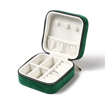 Square Velvet Jewelry Zipper Boxes, Portable Travel Jewelry Storage Case with Alloy Zipper, for Earrings, Rings, Necklaces, Bracelets Storage, Green, 10x9.5x4.7cm