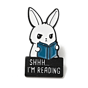Word Shhh I'm Reading Enamel Pin, Electrophoresis Black Alloy Rabbit Brooch for Backpack Clothes, Steel Blue, 30x16x1.5mm