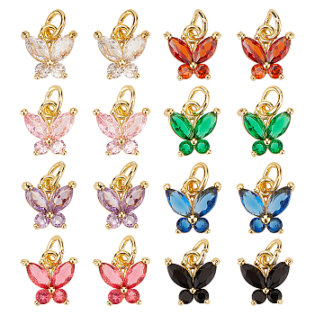 16Pcs 8 Colors Rack Plating Brass Inlaid Cubic Zirconia Charms, with Jump Rings, Cadmium Free & Lead Free, Golden, Butterfly, Mixed Color, 10x10x3.5mm, Jump Ring: 5x0.8mm, Hole: 3.4mm, 2pcs/color