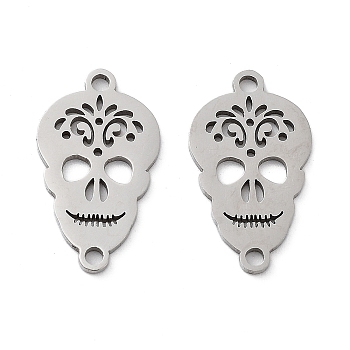 201 Stainless Steel Connector Charms, Halloween Skull Links, Stainless Steel Color, 20x11x1mm, Hole: 1.5mm