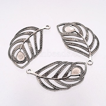 Alloy Feather Pendants Cabochon Settings, Cadmium Free & Lead Free, Antique Silver, Size: about 31mm wide, Teardrop Tray: 10x7mm, 55mm long, 3mm thick, Hole: 2mm(PALLOY-Q013-AS)