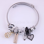 Adjustable Stainless Steel European Bangles, Charm Bangles for Women, Heart & Round & Rectangle & Oval, with Alloy & Rhinestone & Resin Beads, Jet, Inner Diameter: 2 inch(5cm)(FS-WG81C2D-02)