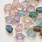 Faceted Glass Links connectors, with Golden Tone Brass Open Back Settings, Oval, Mixed Color, 13.5~14.5x8x4mm, Hole: 0.7mm(GLAA-T010-019)