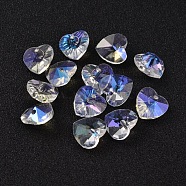 Romantic Valentines Ideas Glass Charms, Faceted Heart Charm, AB Color Plated, Colorful, 10x10x5mm, Hole: 1mm(G030V10mm-01)