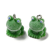 Flocky Resin Pendants, Cute Animal Charms with Platinum Plated Iron Loops, Frog, 21x15.5x16.5mm, Hole: 2mm(RESI-D012-01B)
