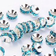 Brass Rhinestone Spacer Beads, Grade A, Rondelle, Silver Color Plated, Aquamarine, 9x4mm(RB-A020-9mm-03S)