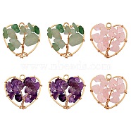 6Pcs 3 Styles Natural Gemstone Pendants, Natural Rose Quartz & Green Aventurine & Amethyst, with Brass Findings and Copper Wire Wrapped, Heart with Tree, Real 18K Gold Plated, 25.5x27x8mm, Hole: 2.6mm, about 2pcs/style(FIND-SZ0002-70)