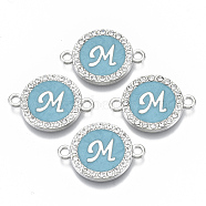 Alloy Enamel Links Connectors, with Crystal Rhinestones, Flat Round with Letter, Silver Color Plated, Letter.M, 22x16x2mm, Hole: 1.8mm(ENAM-TAC0003-01S-06M)