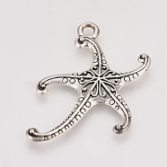 Tibetan Style Alloy Pendants, Starfish/Sea Stars, Cadmium Free & Nickel Free & Lead Free, Antique Silver, 45x29x3mm, Hole: 2.5mm, about 335pcs/1000g(TIBE-T011-55AS-FF)