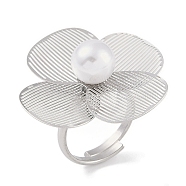 Flower 304 Stainless Steel Adjustable Rings for Women, with ABS Plastic Imitation Pearl, Stainless Steel Color, US Size 8(18.1mm)(RJEW-C099-05P)