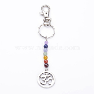 Tibetan Style Alloy Keychain, with Natural Gemstone Beads, Iron Key Rings and Alloy Swivel Lobster Claw Clasps, Flat Round with Om Symbol, Mixed Color, 140mm(X-KEYC-JKC00150-05)