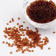12/0 Glass Seed Beads, Transparent, Round, Brown, 2mm, Hole: 1mm, about 3100pcs/50g(X-SEED-A004-2mm-13)