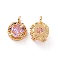 Brass Pendants with Pink Glass, Flat Round Charms, Real 18K Gold Plated, 11x8x5mm, Hole: 1.4mm(KK-E068-VF208)