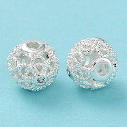 Rack Plating Brass Micro Pave Clear Cubic Zirconia Beads, Long-Lasting Plated, Cadmium Free & Lead Free, Round with Hollow Flower, Silver, 8mm, Hole: 1.4mm(KK-B078-09S)