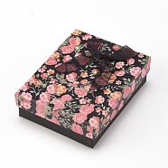 Flower Pattern Cardboard Jewelry Packaging Box, 2 Slot, For Ring Earrings, with Ribbon Bowknot and Black Sponge, Rectangle, Black, 9x7x3cm(CBOX-L007-007A)