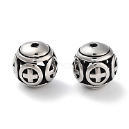 304 Stainless Steel Beads, Hollow, Round with Cross, Antique Silver, 10.5mm, Hole: 1.5mm(STAS-M057-12AS)