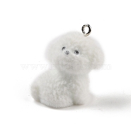 Flocking Resin Cute Puppy Pendants, Dog Charms with Platinum Plated Iron Loops, White, 31x18x24mm, Hole: 2.5mm(MACR-P043-L03)