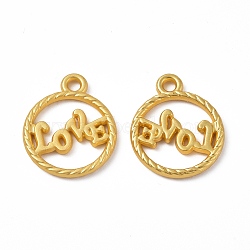 Rack Plating Alloy Pendants, Cadmium Free & Lead Free & Nickle Free, Flat Round with Word LOVE Charms, Matte Gold Color, 19x15.5x2mm, Hole: 1.8mm(PALLOY-I215-07G)