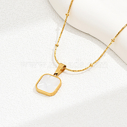 Natural Shell Square Pendant Necklace, with Golded Stainless Steel Chains, Seashell Color, 16.14 inch(41cm)(EH4295-1)